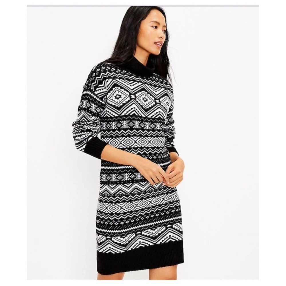 NWT LOFT Fair Isle‎ Turtleneck Sweater Dress L Ski Cozy Bold Soft Sporty Lounge